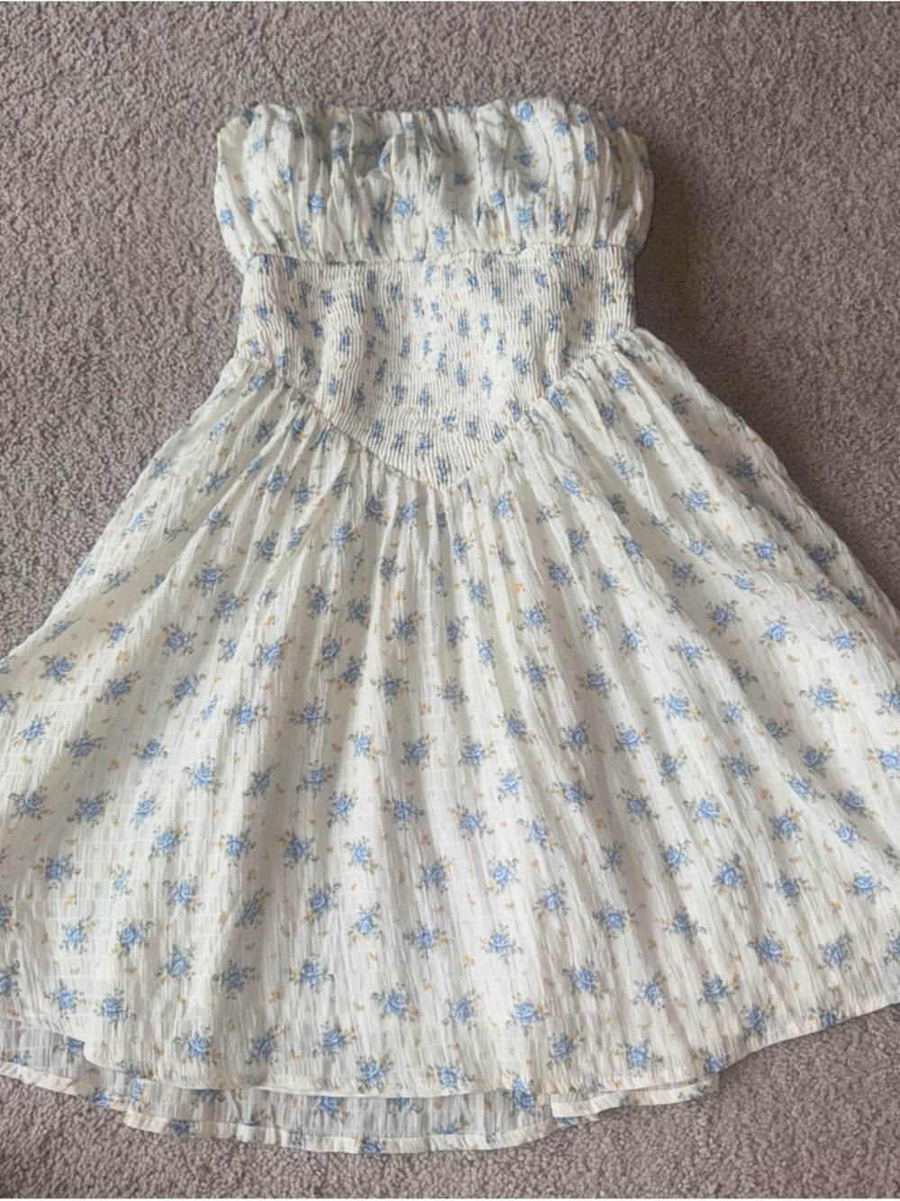 Cream Floral Smocked Sundress with Blue Print